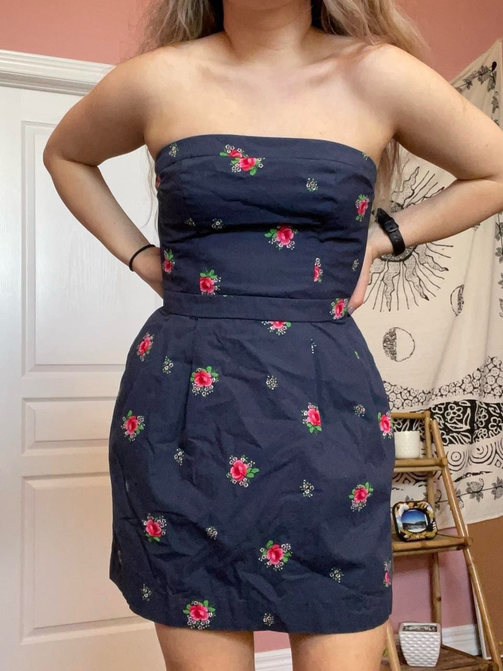 Abercrombie & Fitch Navy Strapless Dress with Pink Rose Print